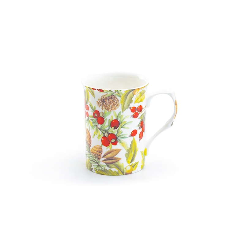 Holly and Pine Cone Bone China Mug