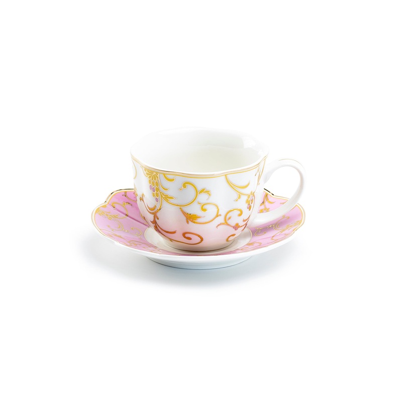 Pink Gold Scroll Fine Porcelain Cup and Saucer