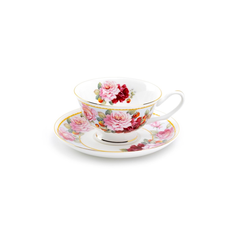 Peony and Strawberry Blue Bone China Tea Cup and Saucer