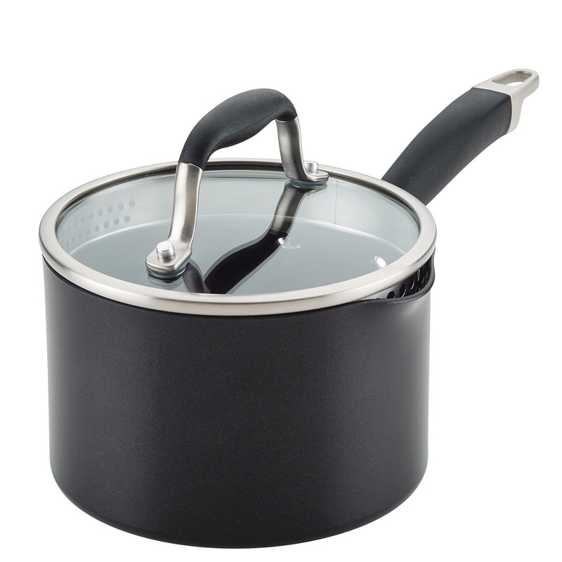 Anolon Advanced Home Hard-Anodized Nonstick Saucepan with Straining Lid, 2-Quart, Onyx