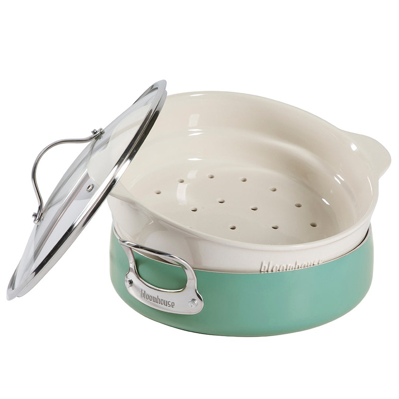 Bloomhouse 6-QT Aluminum Enamel Everyday Pan w/Non-Stick Non-Toxic Ceramic Interior and Ceramic Steamer Insert