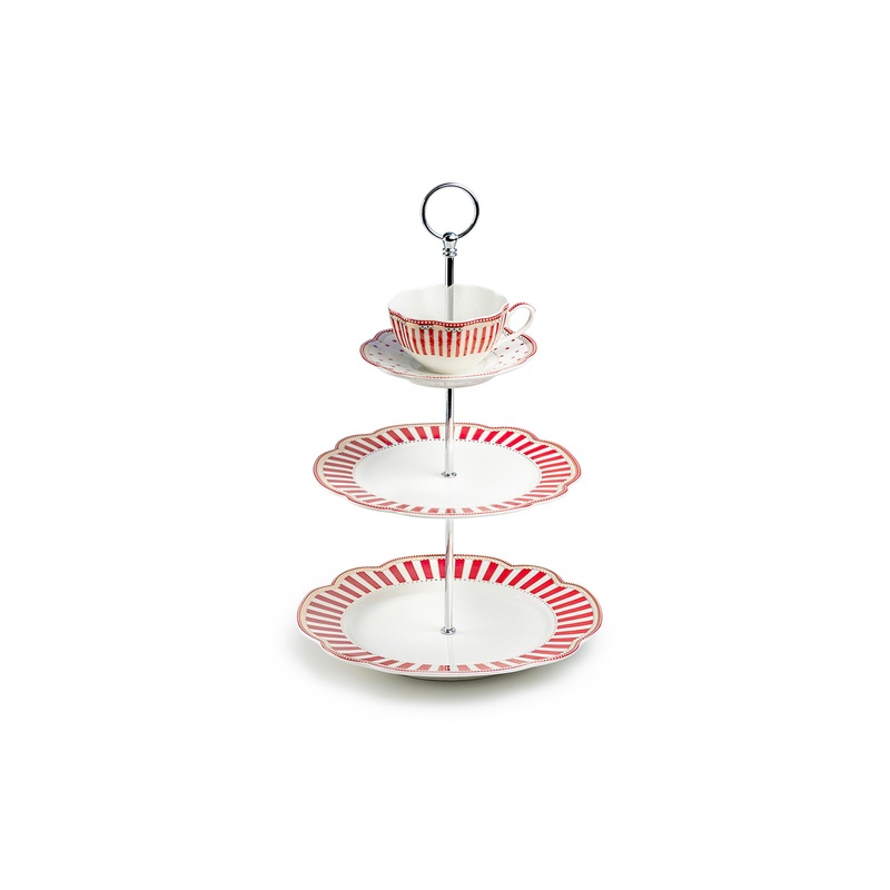 Red Josephine Stripes and Dots Fine Porcelain 3-Tier Server