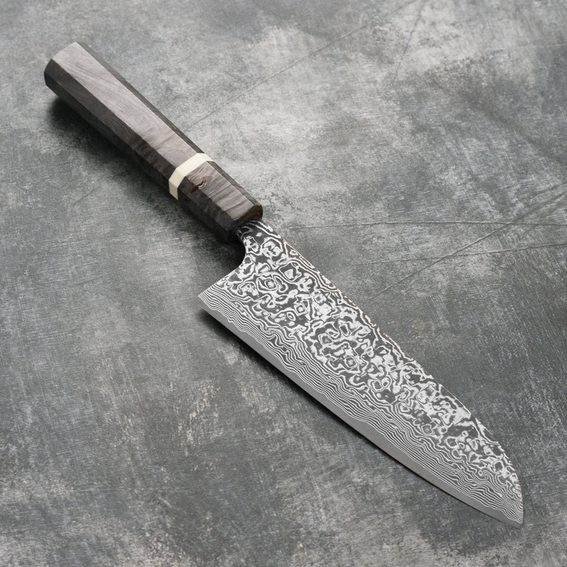 Saji SG2 Black Damascus 7″ Santoku, Stabilized Birch