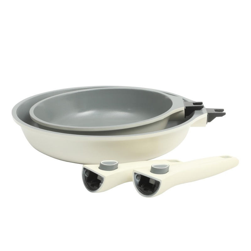 Sur La Table Kitchen Essentias Craft Studio Cast Aluminum Detachable Handle 8 and 10 Inch Fry Pan Set With PFA Free Premium Ceramic Non Stick Removable Handle Skillet Set – Induction Safe -Eggshell White