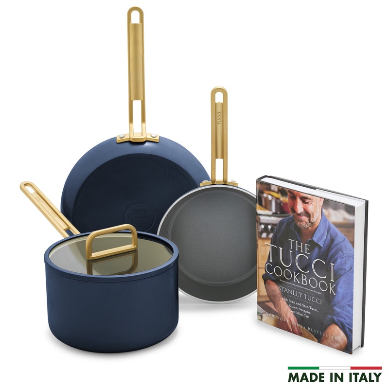 Stanley Tucci Ceramic Nonstick 4-Piece Chef Set with The Tucci Cookbook | Marino Blue