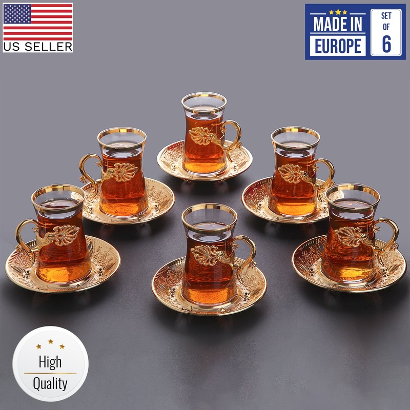 Sefa Turkish Tea Glass Set of 6 with Saucers and Holders, 5 oz
