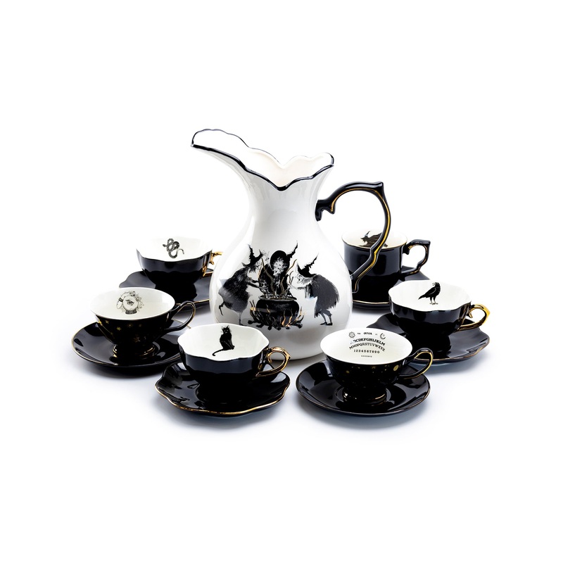 Witches Brew Pitcher + 6 Assorted Halloween Tea Cup and Saucer Sets – Ver. A