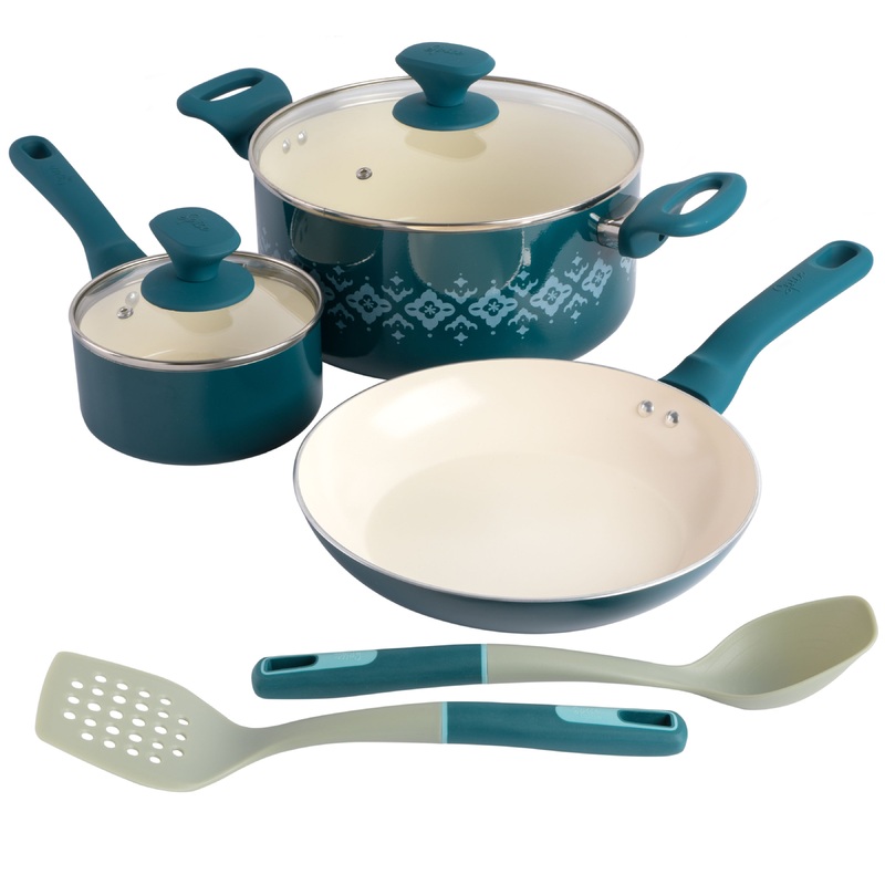 Spice by Tia Mowry Savory Saffron 7-Piece Aluminum Cookware Set w/ Healthy Non-Stick Ceramic Interior