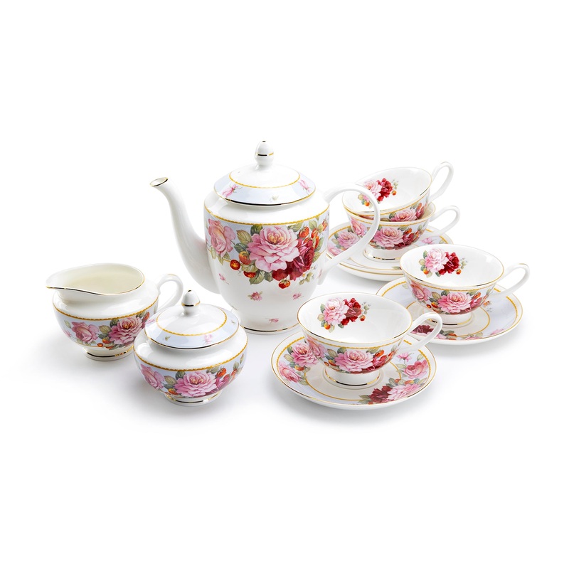 Peony and Strawberry Blue Bone China 11-Piece Tea Set