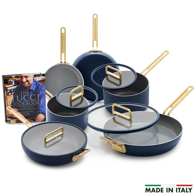 Stanley Tucci Ceramic Nonstick 10-Piece Cookware Set with the Tucci Cookbook | Marino Blue