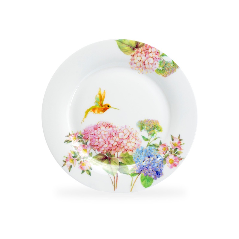 7.5″ Hydrangea with Hummingbird Bone China Dessert Plate