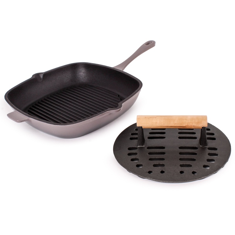 BergHOFF Neo 2pc Cast Iron 11″ Grill Pan with Slotted Steak Press, Oyster