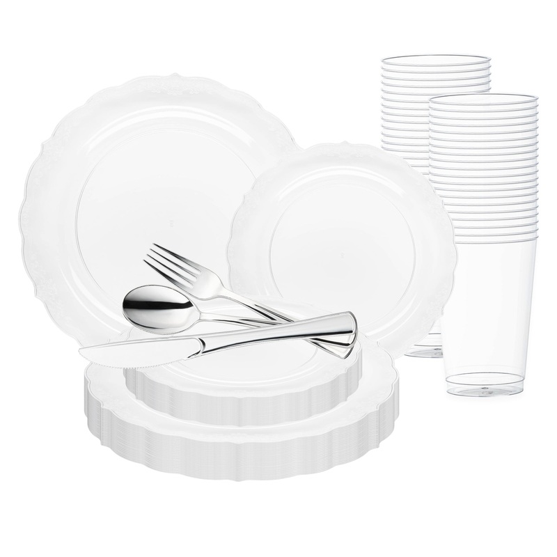 Clear Vintage Round Disposable Plastic Wedding Value Set