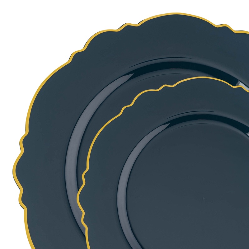 Navy with Gold Rim Round Blossom Disposable Plastic Dinnerware Value Set