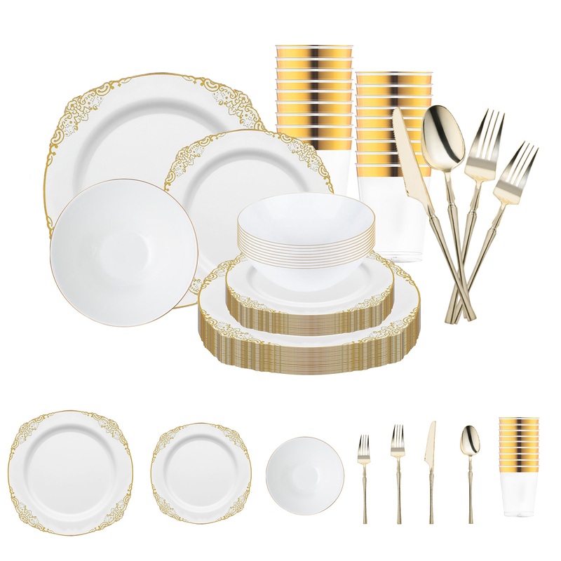 White with Gold Fancy Round Disposable Plastic Tableware Set