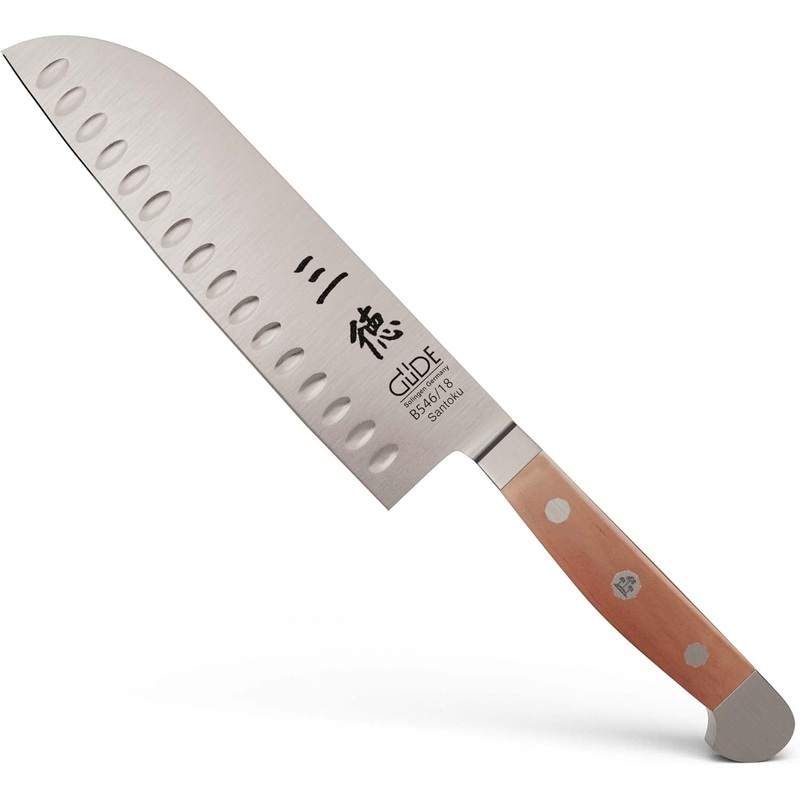 Gde Alpha Pear Series – 7″ Forged Double Bolster Hollow Edge Santoku Knife, Luxury Pear Wood Handle