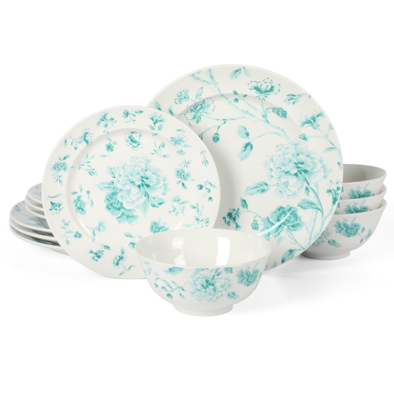 Martha Stewart Empress Bouquet 12 Piece Decorated Porcelain  Dinnerware Plates and Bowls Set