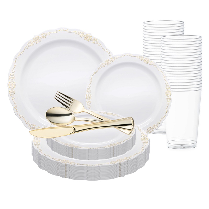 White with Gold Vintage Rim Round Disposable Plastic Wedding Value Set