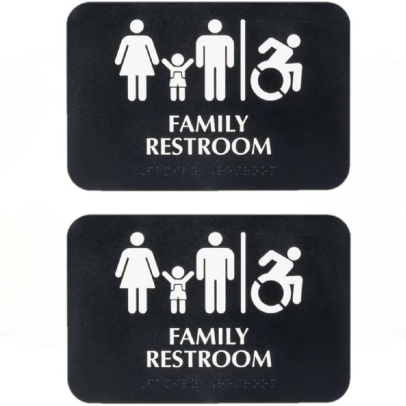 9″ x 6″ Family Restroom/Accessible Restroom Sign with Braille with Easy Peel Self-Adhesive White on Black Color Set of 2- Door Sign Waterproof Self Adhesive Store Signs Indoor/Outdoor Warning Marker Home Business Use
