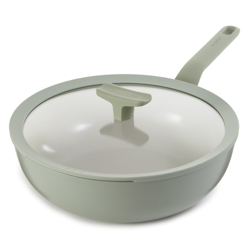 BergHOFF Balance Nonstick Ceramic Wok Pan 11″, 4.4qt. With Glass Lid, Recycled Aluminum, Sage